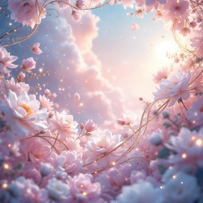 The primary subject of the image is a beautiful and colorful flower arrangement. The setting is a cloudy sky, which serves as a stunning backdrop for the flowers. The visual style of the image is a combination of photo and digital art, creating a vibrant and lively atmosphere. The dominant colors in the image are pink and white, which evoke a sense of warmth and elegance. The overall mood of the image is one of joy and beauty, as the flowers seem to be floating in the sky, creating